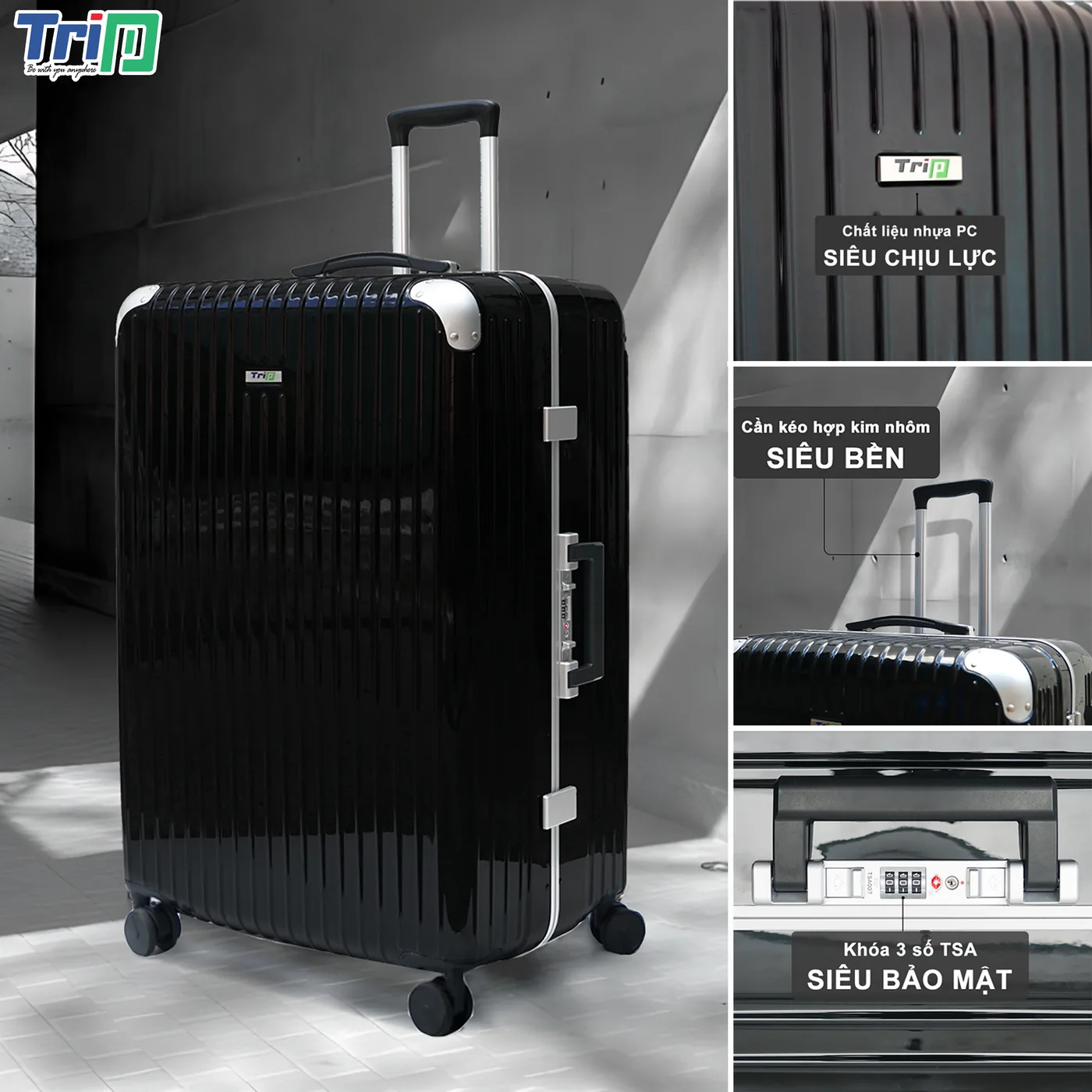 Chi tiết cấu tạo vali TRIP A93: nhựa PC + ABS, cần kéo hợp kim nhôm, khóa TSA 3 số